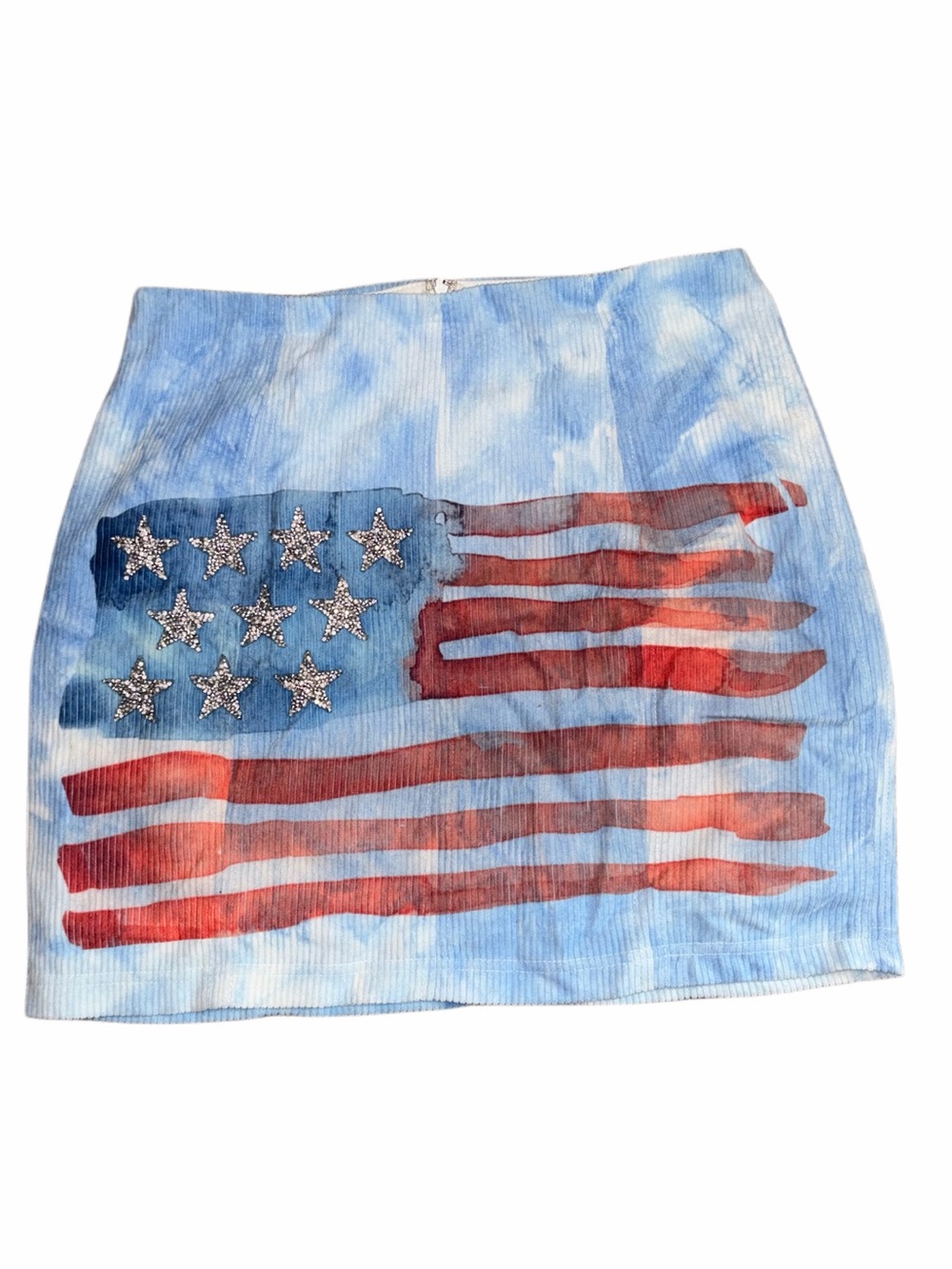 Judith March Light Blue Tie-Dye American Flag Mini Skirt with Red Stripes